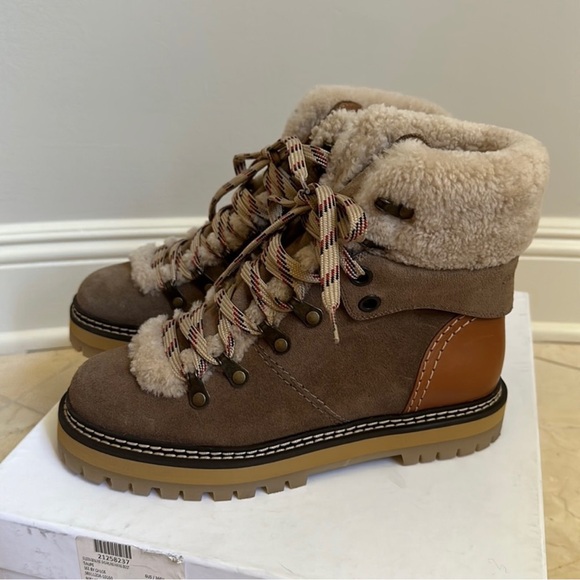 See by Chloe Eileen Shearling Hiking Boots - Size 6 US / 36 EU - Taupe - Picture 2 of 8